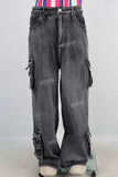 Black acid washed cargo jeans