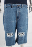 Double rhinestone patchwork damaged boot cut short