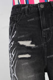 Black damaged embroidered boot cut shorts