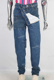 Double laver waistband patchwork damaged jeans