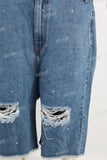 Double rhinestone patchwork damaged boot cut short