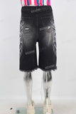 Black damaged embroidered boot cut shorts
