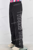 Black embroidered patchwork straight pants