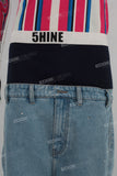 Blue patchwork damaged boot cut shorts