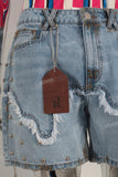 Blue patchwork acid washed rivet shorts