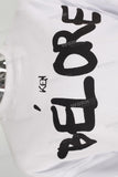 White screen print raw hem long sleeve shirt