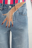 Blue digital print straight jeans