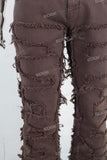 Coffee patchwork flare boot cut jeans