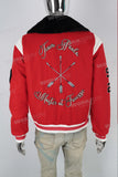 Black faux fur Collar patchwork embroidered red jacket