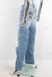 Blue damage digital print flare bottom jeans