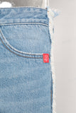 Blue digital print damaged boot cut jeans