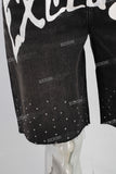 Black digital print rhinestone patchwork shorts