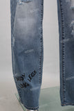 Blue digital print straight damaged jeans