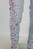 Blue embroidered patchwork damaged jeans