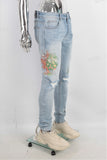 Light Blue  Damage Digital Screen Print Skinny Jeans Men