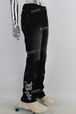 Black damaged embroidered zip up stack jeans