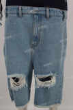 Blue patchwork damaged boot cut shorts