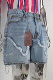 Blue patchwork acid washed rivet shorts