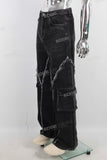 Black wide leg patchwork cargo jeans men