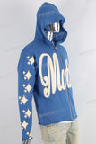 Blue puff print boot cut hooded jacket