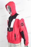 Red embroidered patchwork zip up hoodie