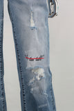 Blue digital print straight damaged jeans