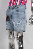Blue patchwork acid washed rivet shorts