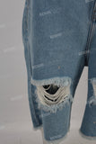 Blue patchwork damaged boot cut shorts