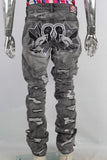 Damaged embroidered stack jeans
