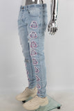 Blue embroidered patchwork damaged jeans