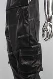 Black leather embroidered strap panrts