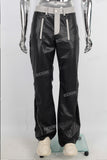 Black leather stitching zipper bell bottom jeans