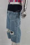 Blue patchwork damaged boot cut shorts