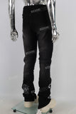 Black damaged embroidered zip up stack jeans