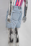 Blue patchwork acid washed rivet shorts