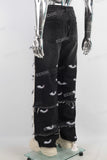 Black boot cut digital print straight jeans