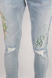 Light Blue  Damage Digital Screen Print Skinny Jeans Men