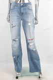 Blue damage digital print flare bottom jeans