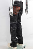Black waxed zip up patchwork jeans