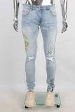 Light Blue  Damage Digital Screen Print Skinny Jeans Men