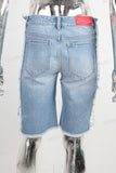 Blue digital print damaged boot cut jeans