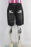 Black digital print rhinestone patchwork shorts