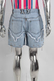 Blue patchwork acid washed rivet shorts