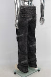 Black vintage wash zipper raw hem baggy men jeans