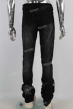 Black damaged embroidered zip up stack jeans