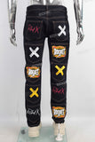 Dark blue straight cargo patchwork jeans