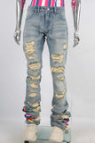 Blue damaged patchwork boot cut jeans
