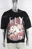 Black digital print raw hem t shirt