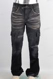Black acid washed cargo stack jeans