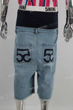 Blue patchwork damaged boot cut shorts